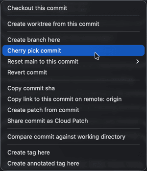 Context menu in GitKraken graph view showing options for a commit