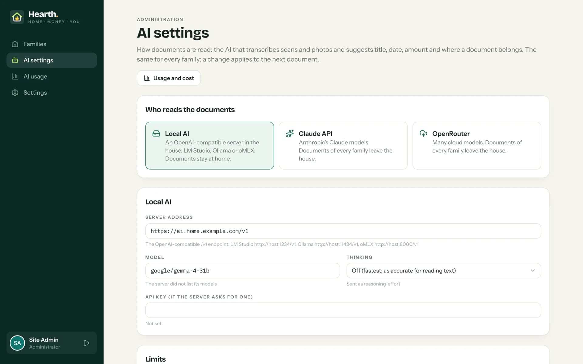 The AI settings: Claude, any model on OpenRouter, or a local model that keeps every page in the house.