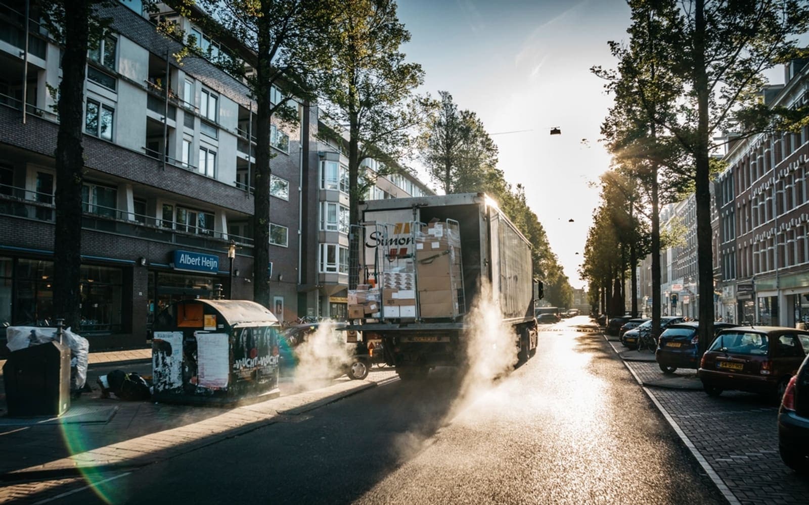 Delivery truck on a sunlit street
