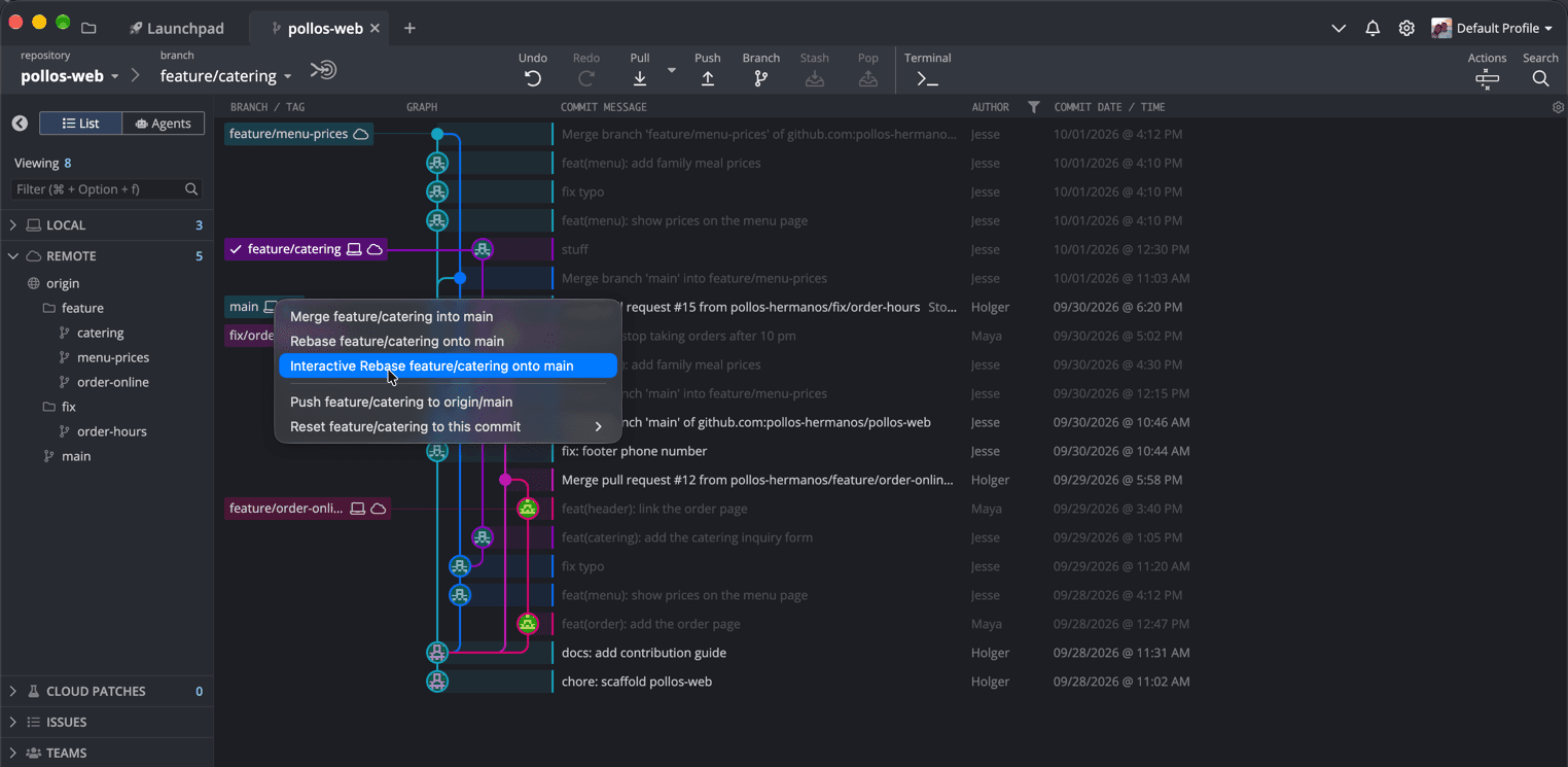 feature/catering auf main fallen lassen: Merge, Rebase, interaktiver Rebase, Push oder Reset.