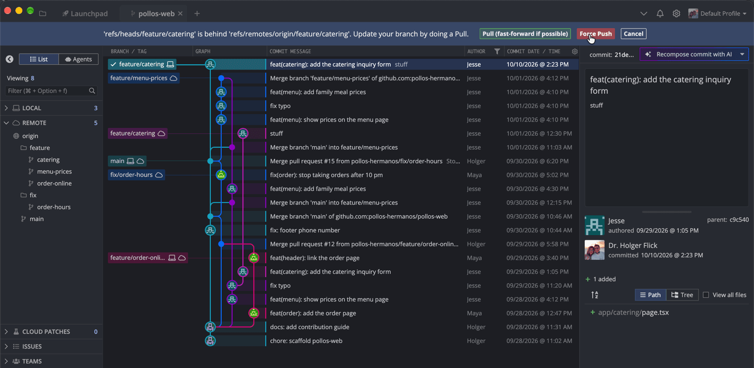 Nach dem Rebase nennt GitKraken den Branch „behind“ und schlägt einen Pull vor. Direkt nach einem Rebase ist Force Push der richtige Button.