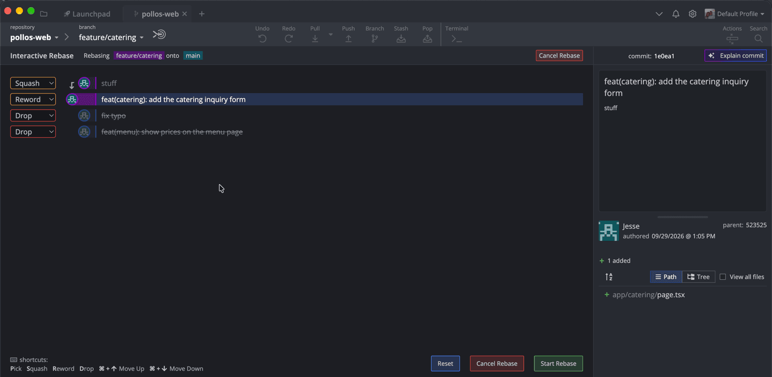 Interaktiver Rebase von feature/catering auf main: zwei Speisekarten-Commits verworfen, „stuff“ in das Formular gesquasht, das GitKraken von selbst auf Reword umgestellt hat.