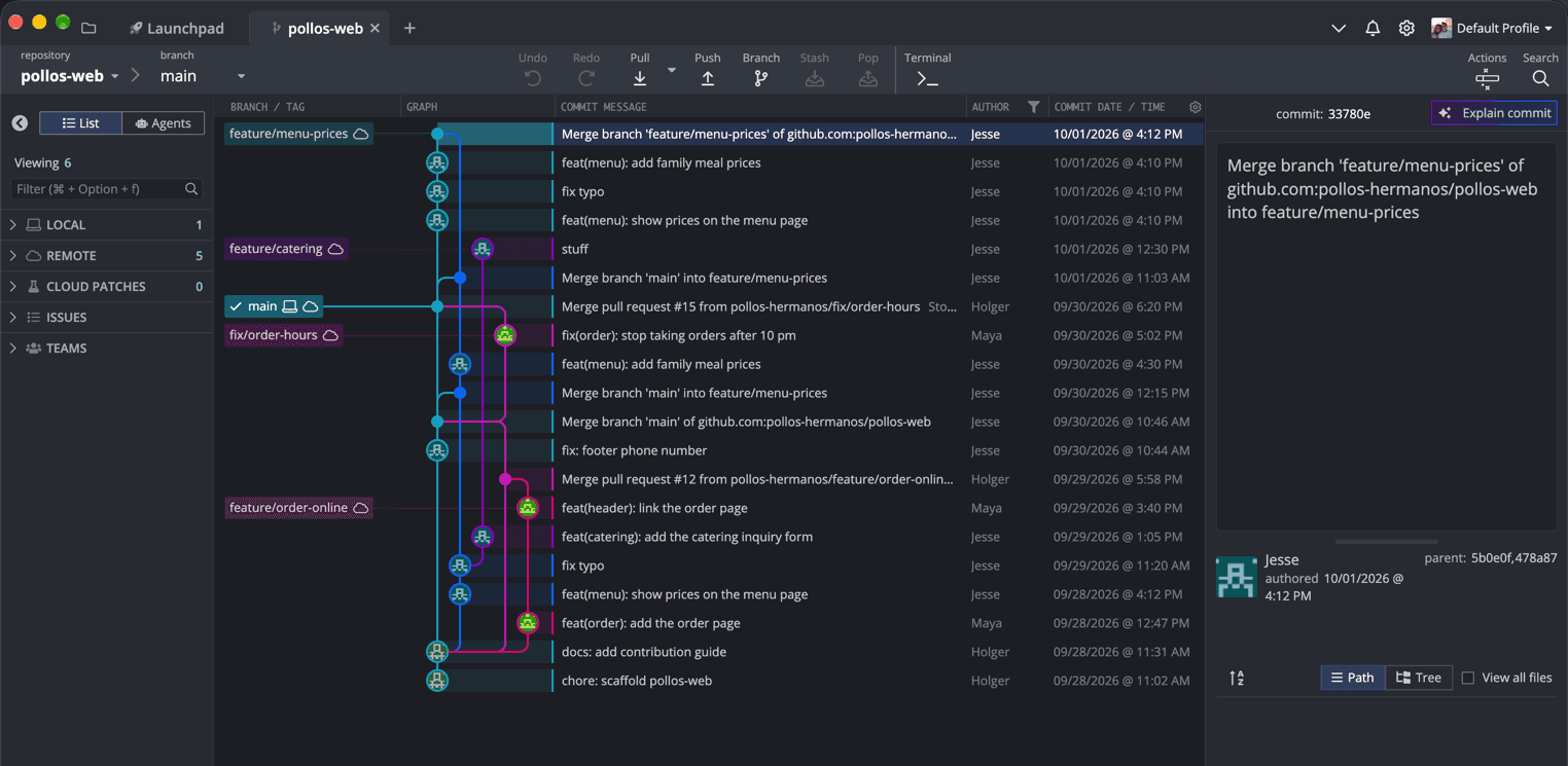 Das Demo-Repository direkt nach dem Fetch: main, zwei bereits gemergte Branches von Maya und Jesses zwei Feature-Branches.