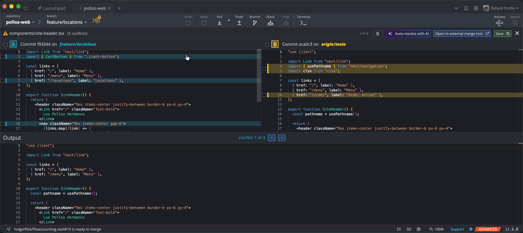 Das Merge Tool für site-header.tsx: mein Branch (A) links, origin/main (B) rechts, unten die Ausgabe mit Syntax-Highlighting.