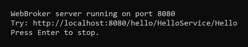 The server is listening on port 8080; pressing Enter stops it.